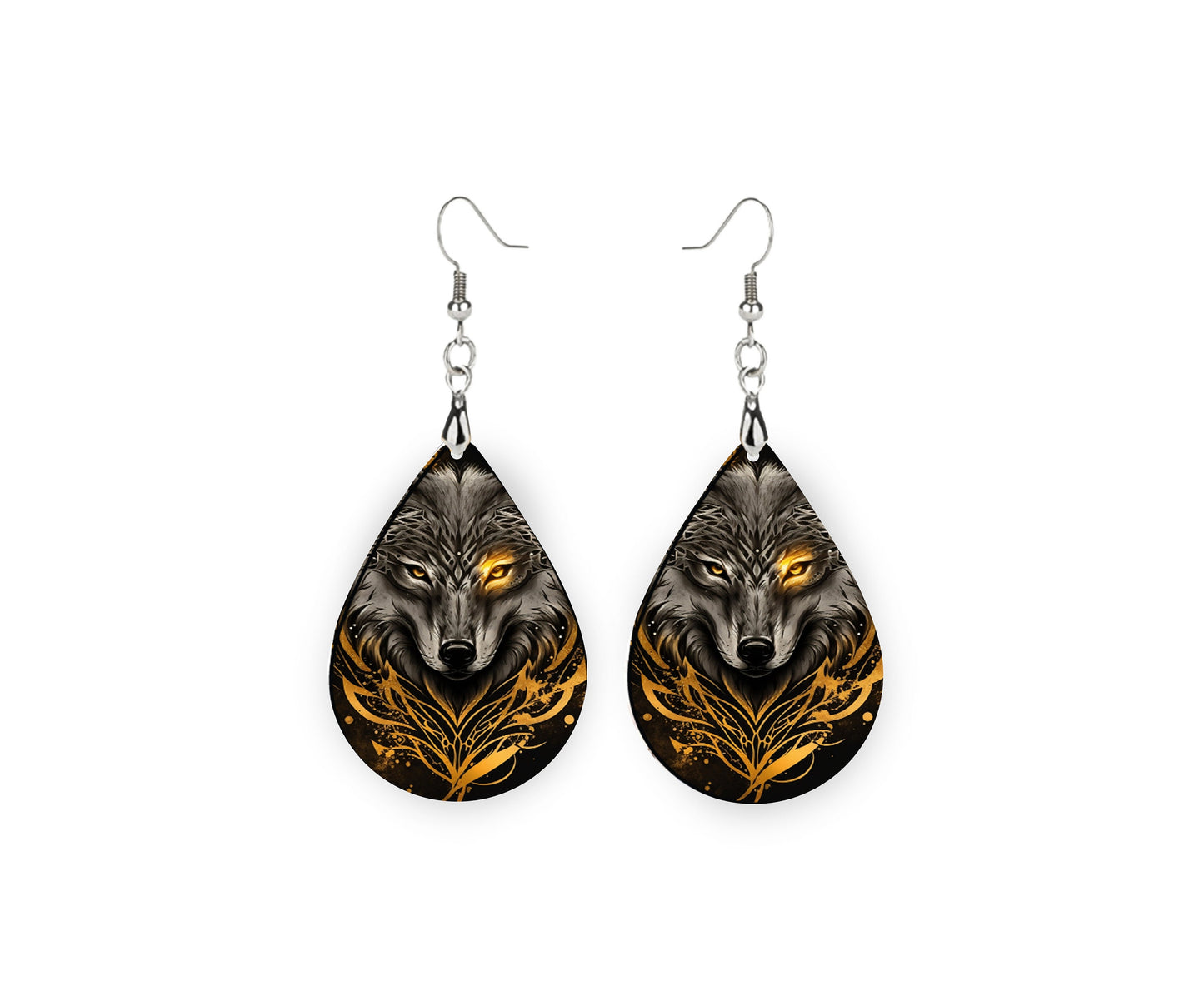 New Release Gold and Black Wolf Print Tear Drop Wood Dangle Earrings Hypoallergenic Jewelry