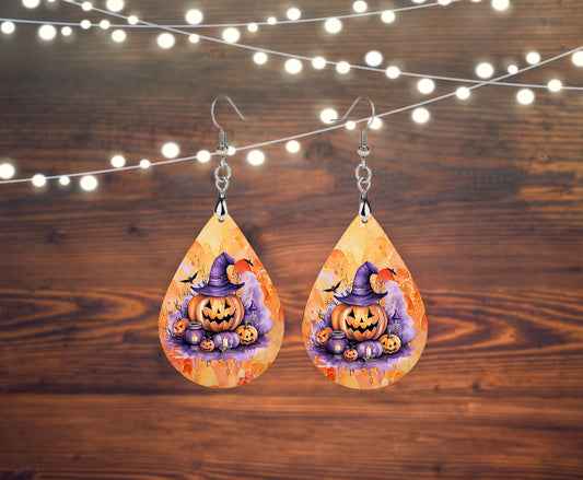 New Releases Fall Halloween Earrings Purple and Orange Jack o Lantern Print Tear Drop Wood Dangle Earrings Hypoallergenic Jewelry