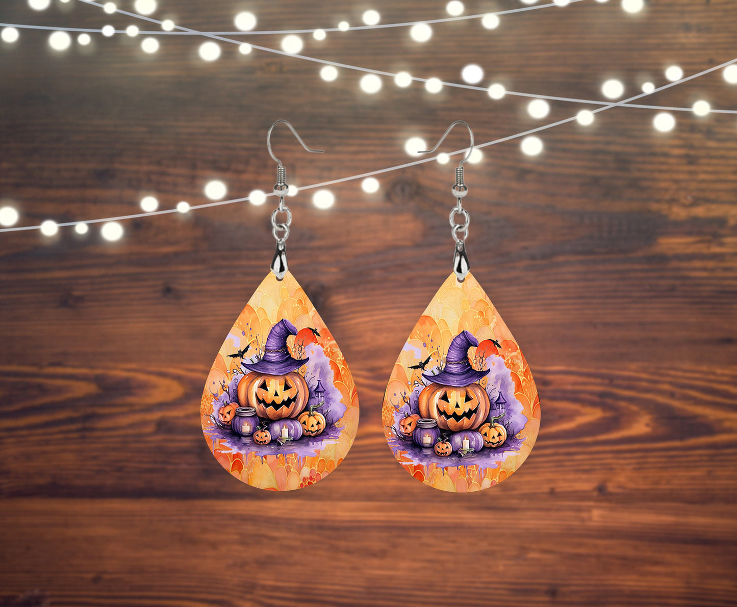 New Releases Fall Halloween Earrings Purple and Orange Jack o Lantern Print Tear Drop Wood Dangle Earrings Hypoallergenic Jewelry