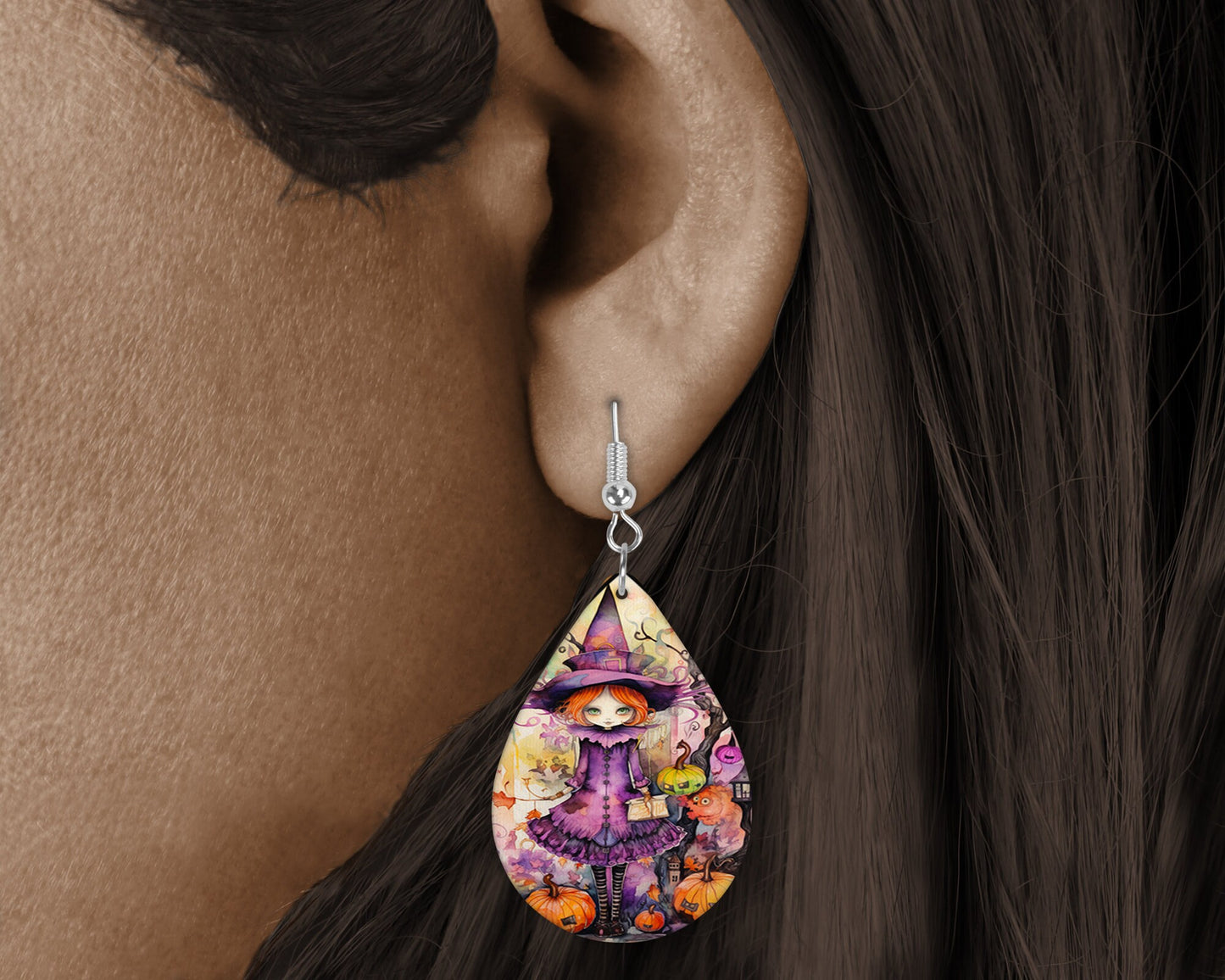 New Releases Fall Halloween Earrings Witch in Purple Print Tear Drop Wood Dangle Earrings Hypoallergenic Jewelry