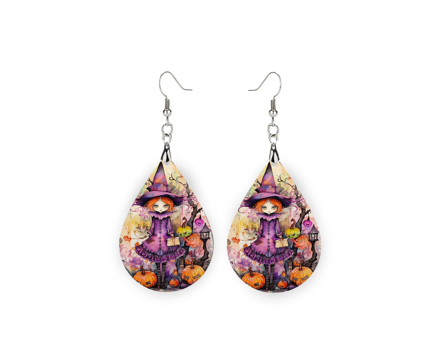 New Releases Fall Halloween Earrings Witch in Purple Print Tear Drop Wood Dangle Earrings Hypoallergenic Jewelry