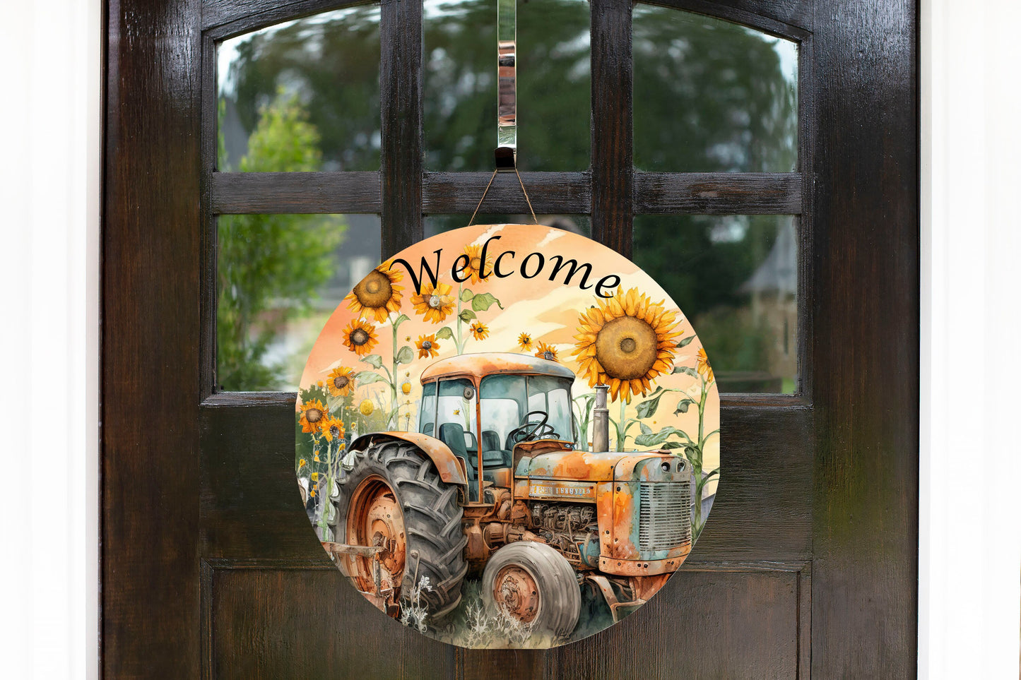New Release Welcome Tractor and Sunflowers Sign, Farmhouse Round Wood Sign Farmhouse Door Hanger Wreath Sign