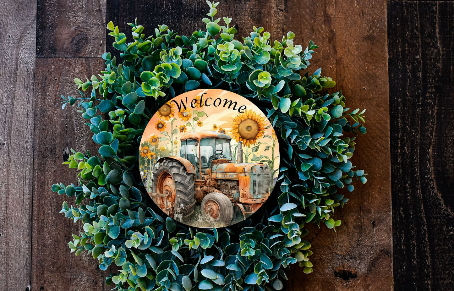 New Release Welcome Tractor and Sunflowers Sign, Farmhouse Round Wood Sign Farmhouse Door Hanger Wreath Sign