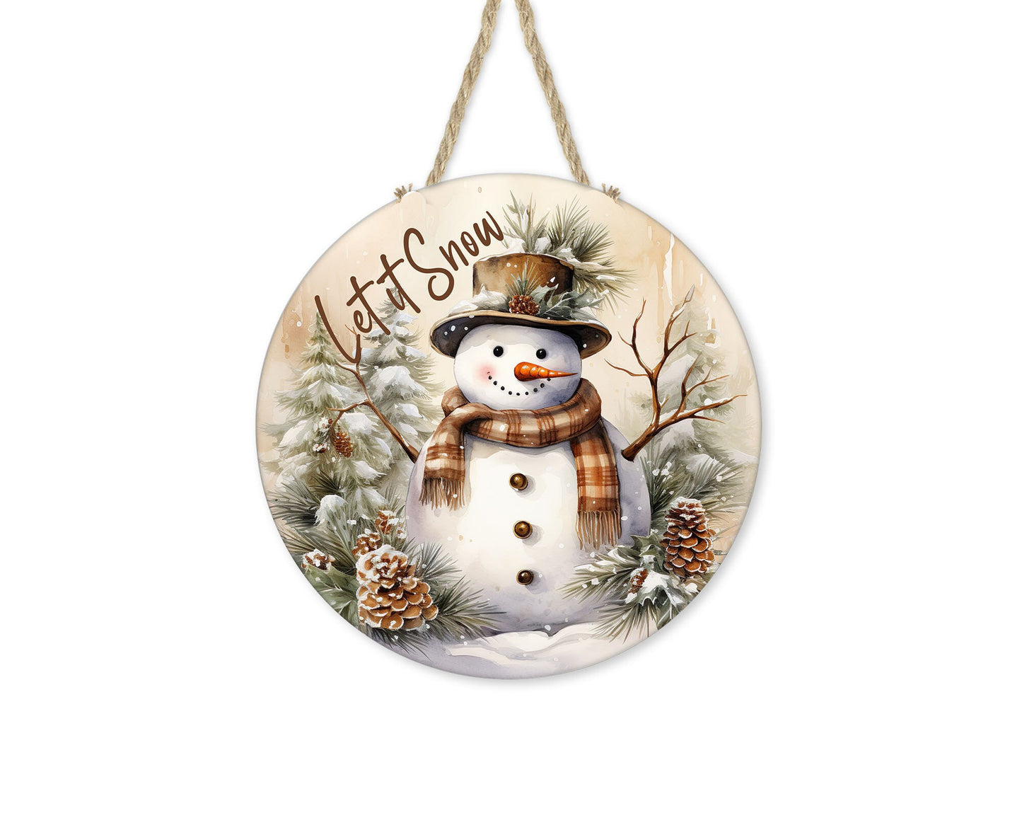 New Release Brown Snowman Let it Snow Sign, Farmhouse Christmas Round Wood Sign, Door Hanger Wreath Sign