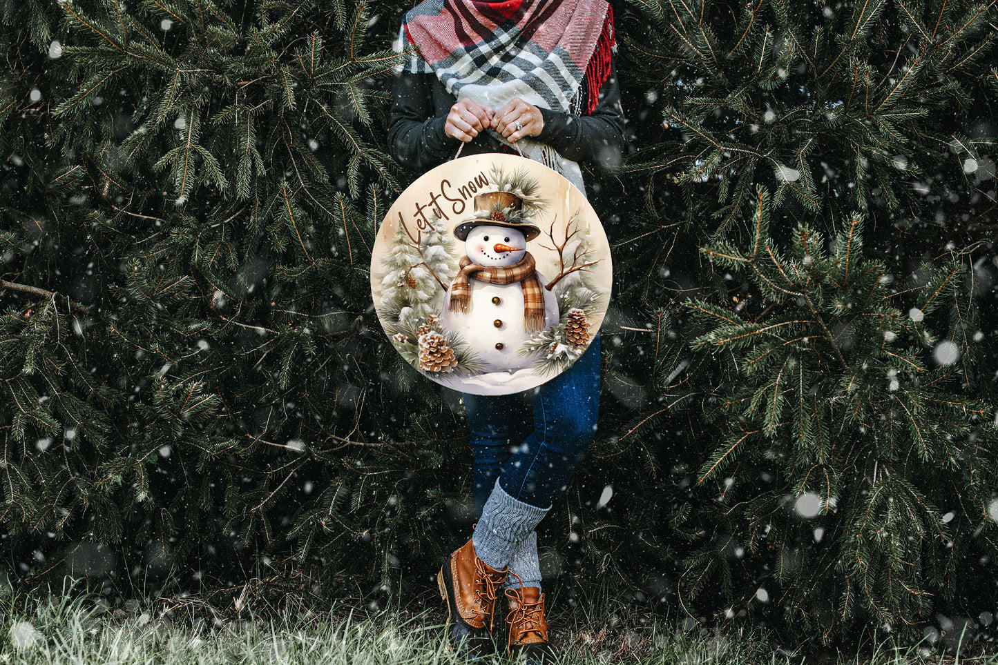 New Release Brown Snowman Let it Snow Sign, Farmhouse Christmas Round Wood Sign, Door Hanger Wreath Sign