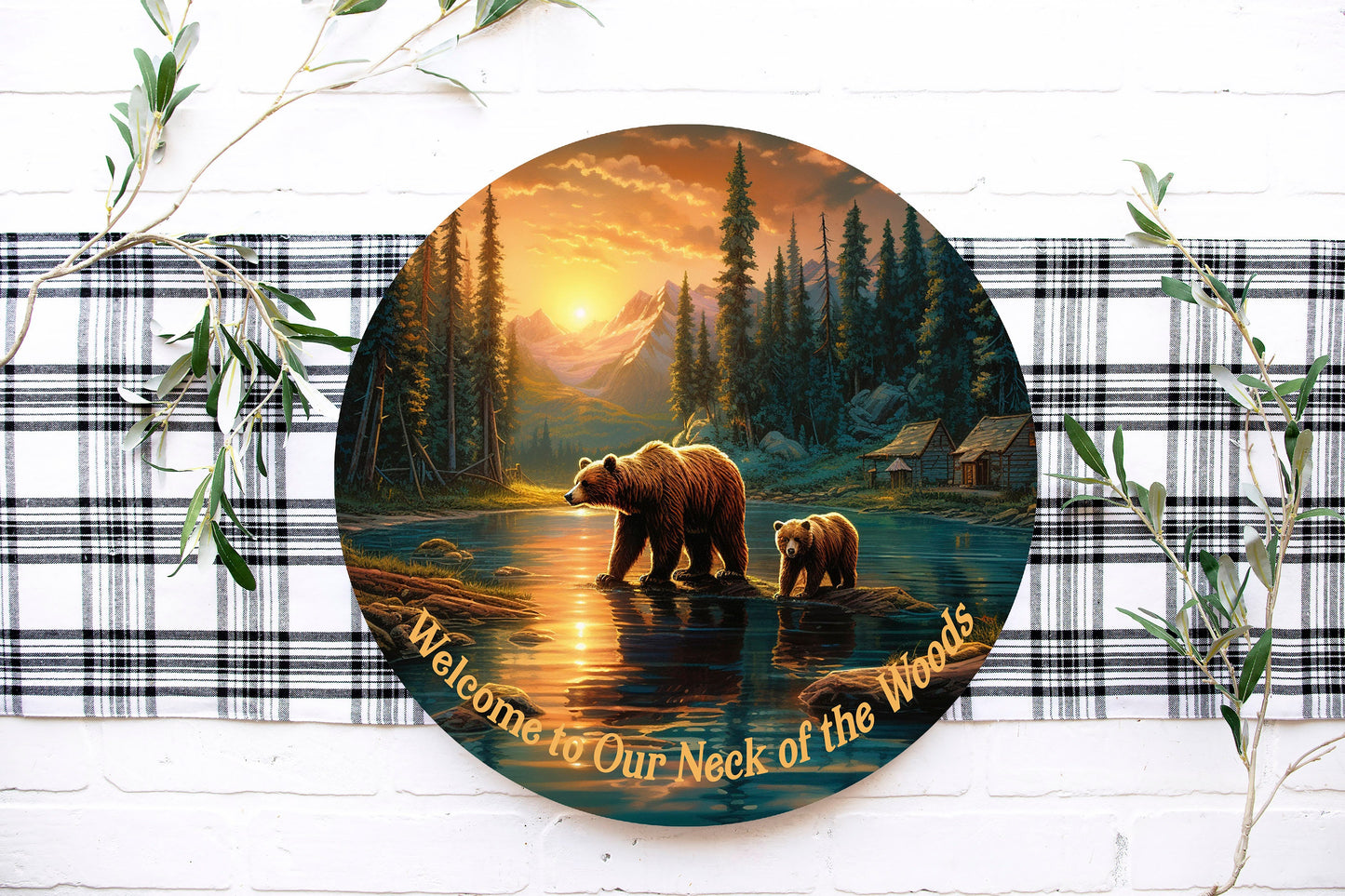 New Release Bears at Sunset Welcome Sign, Farmhouse Round Wood Sign, Door Hanger Wreath Sign