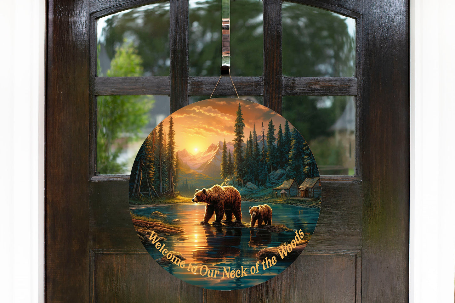 New Release Bears at Sunset Welcome Sign, Farmhouse Round Wood Sign, Door Hanger Wreath Sign