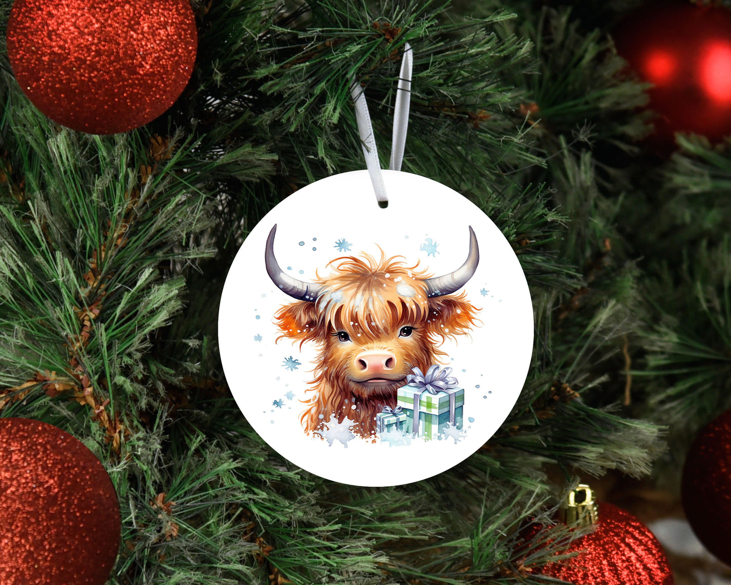 New Releases Christmas Ornament, Highland Cow Green and Blue Presents Ceramic Christmas Ornament, Christmas Decorations