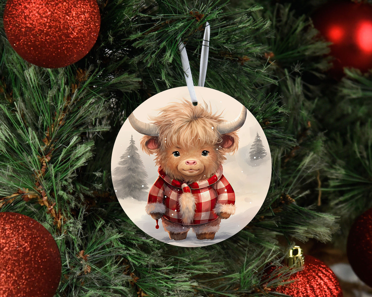 New Release Christmas Ornament, Highland Cow in Red Check Coat Ceramic Christmas Ornament