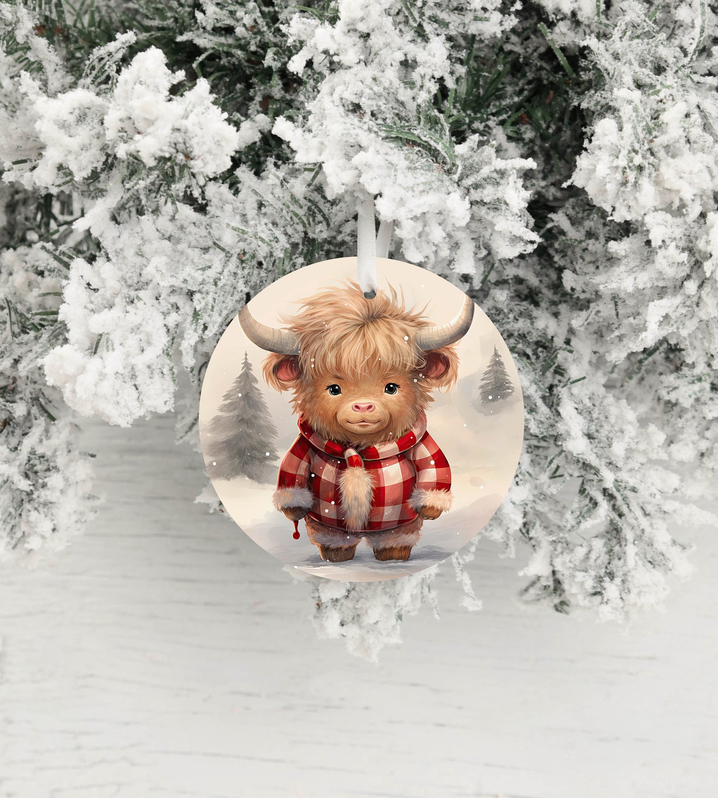 New Release Christmas Ornament, Highland Cow in Red Check Coat Ceramic Christmas Ornament