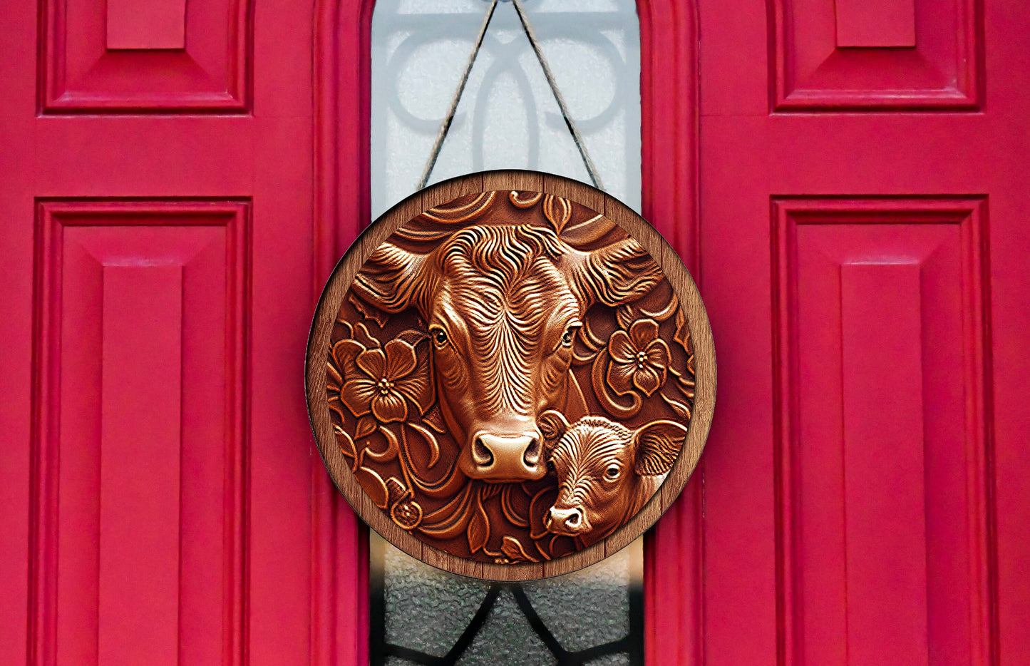 New Release Faux Tooled Leather Wood Cow Welcome Sign, Farmhouse Round Wood Sign Farmhouse Door Hanger Wreath Sign,