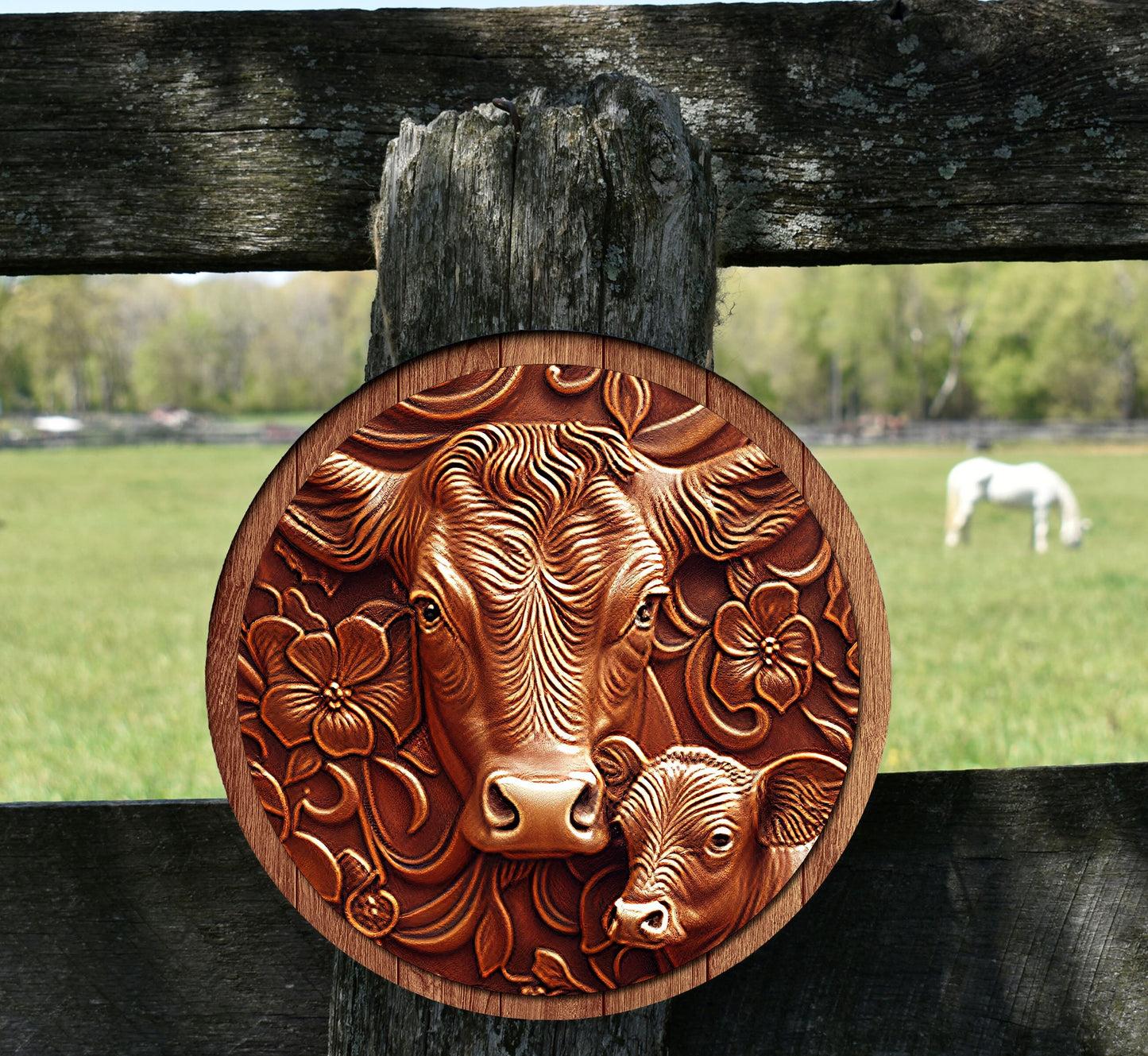 New Release Faux Tooled Leather Wood Cow Welcome Sign, Farmhouse Round Wood Sign Farmhouse Door Hanger Wreath Sign,