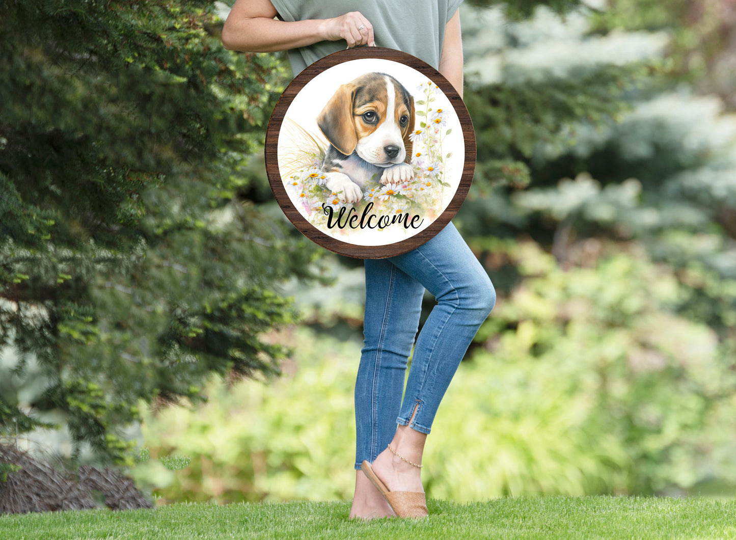 New Release Welcome Beagle Sign, Farmhouse Round Wood Sign Farmhouse Door Hanger Wreath Sign