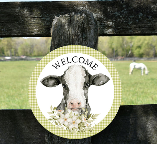 New Release Welcome Black and White Cow Sign, Farmhouse Round Wood Sign Farmhouse Door Hanger Wreath Sign