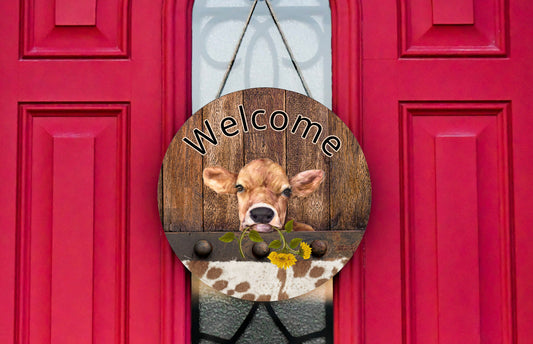 New Release Welcome Cow Sign, Farmhouse Round Wood Sign Farmhouse Door Hanger Wreath Sign