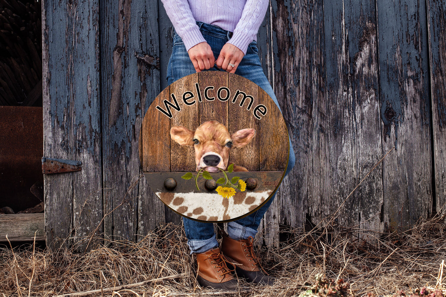 New Release Welcome Cow Sign, Farmhouse Round Wood Sign Farmhouse Door Hanger Wreath Sign