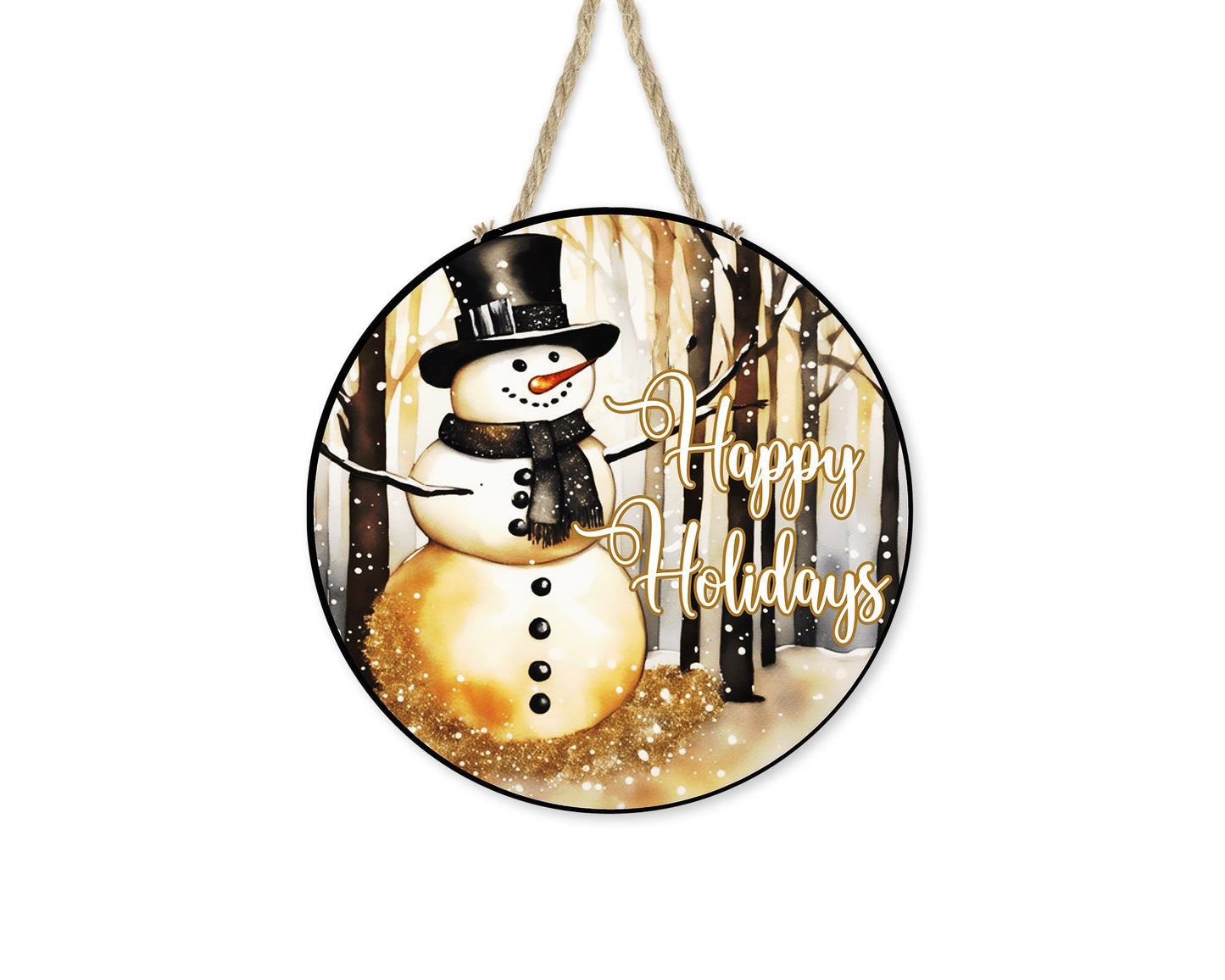 New Release Happy Holidays Gold Snowman Sign, Farmhouse Christmas Round Wood Sign Farmhouse Door Hanger Wreath Sign