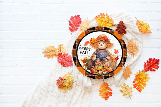 New Release Happy Fall Scarecrow Sign, Farmhouse Round Wood Sign Farmhouse Door Hanger Wreath Sign