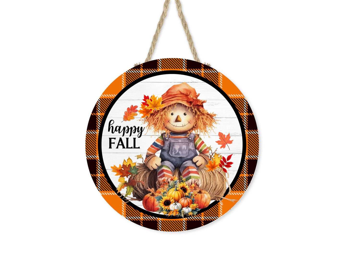 New Release Happy Fall Scarecrow Sign, Farmhouse Round Wood Sign Farmhouse Door Hanger Wreath Sign