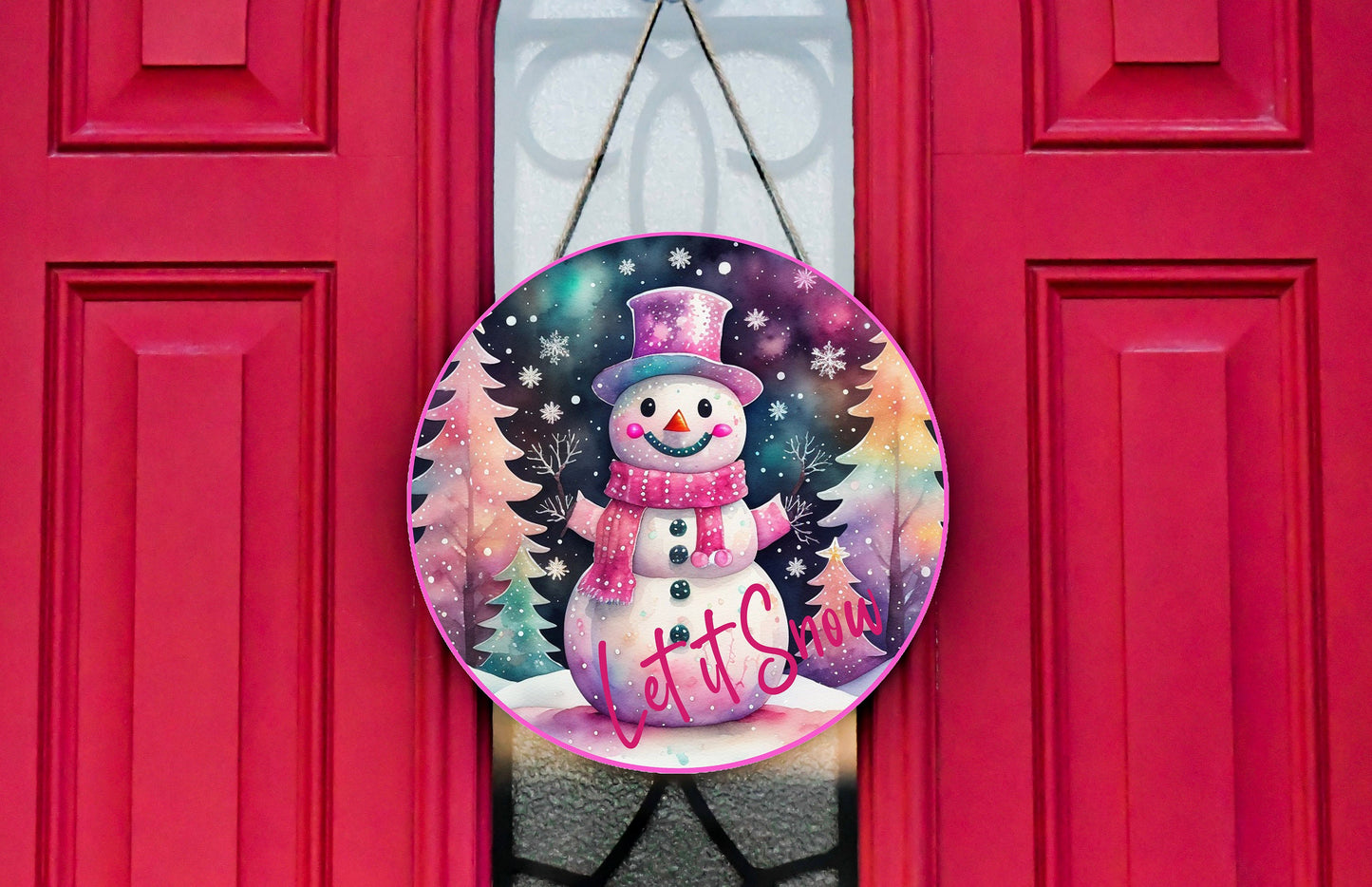 New Release Pink Snowman Let it Snow Sign, Farmhouse Christmas Round Wood Sign Farmhouse Door Hanger Wreath Sign