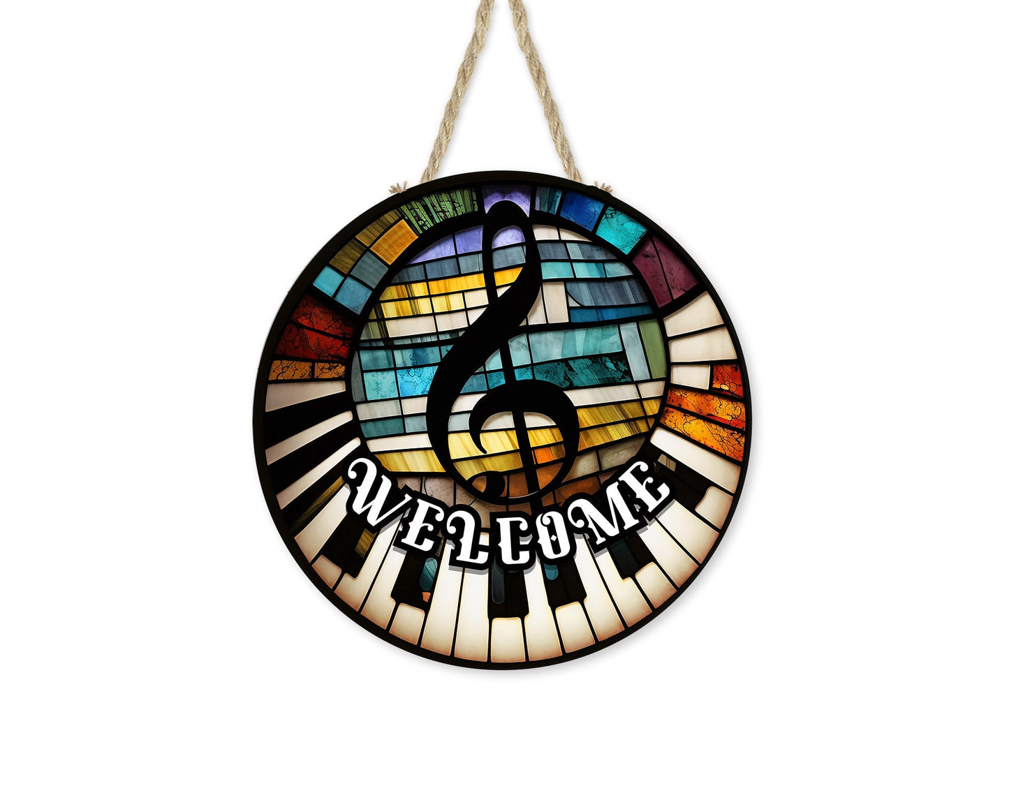 New Release Faux Stain Glass Piano Welcome Sign, Farmhouse Round Wood Sign Farmhouse Door Hanger Wreath Sign