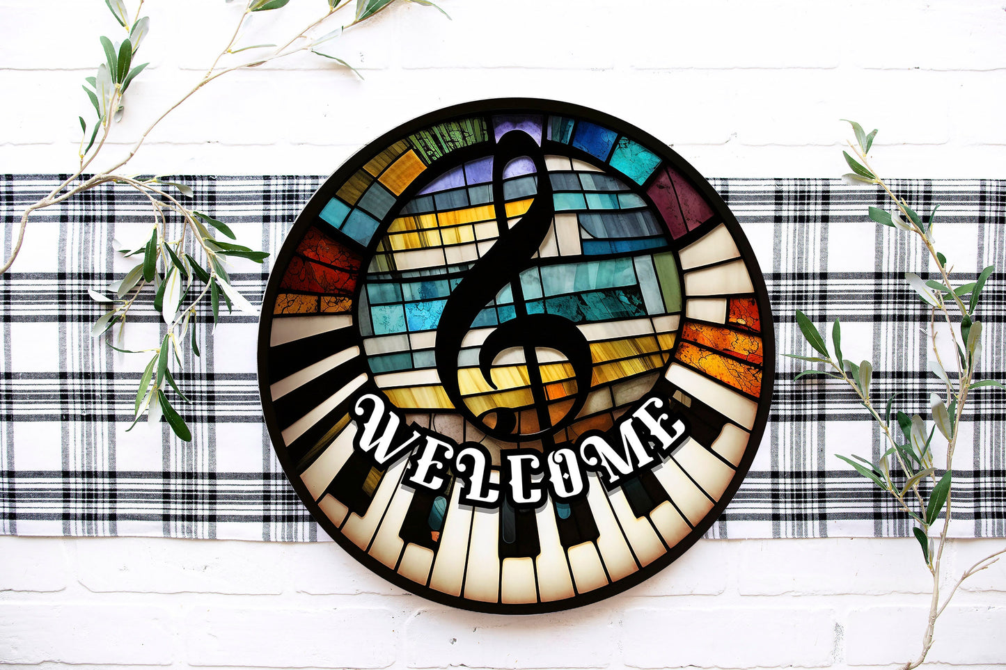 New Release Faux Stain Glass Piano Welcome Sign, Farmhouse Round Wood Sign Farmhouse Door Hanger Wreath Sign