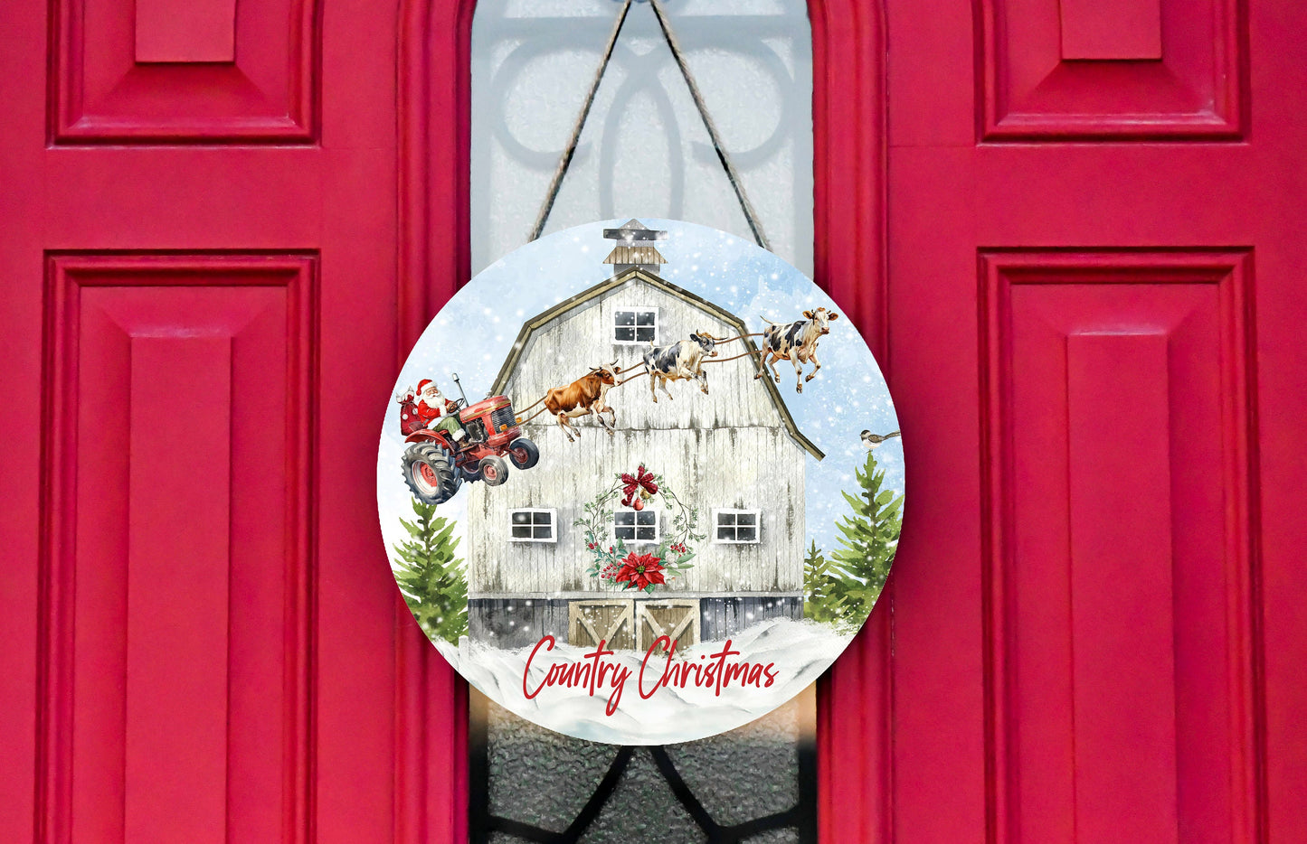 New Release Farm Christmas Santa Tractor Sign, Farmhouse Christmas Round Wood Sign, Door Hanger Wreath Sign