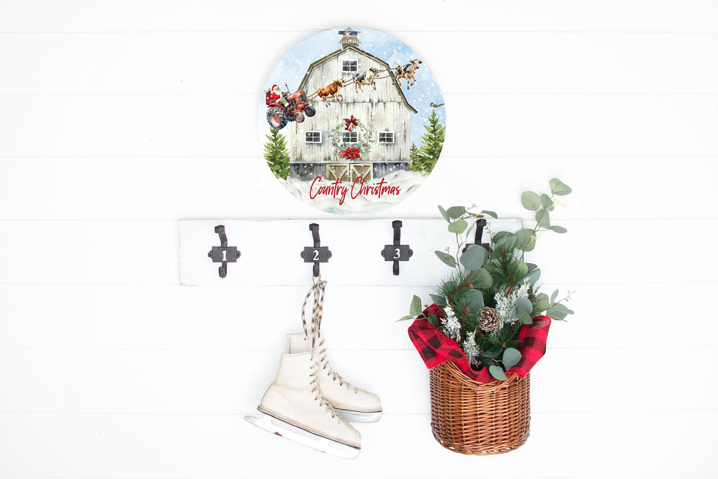 New Release Farm Christmas Santa Tractor Sign, Farmhouse Christmas Round Wood Sign, Door Hanger Wreath Sign