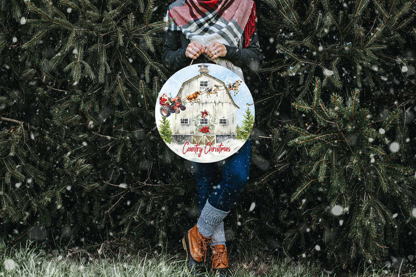 New Release Farm Christmas Santa Tractor Sign, Farmhouse Christmas Round Wood Sign, Door Hanger Wreath Sign