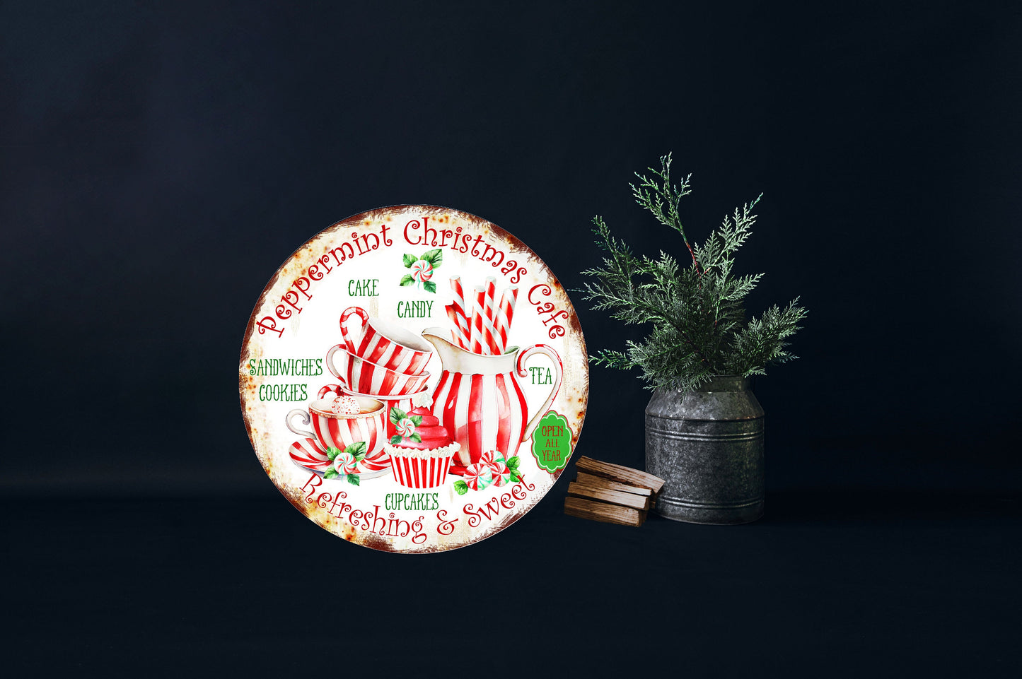 New Release Peppermint Cafe Sign, Farmhouse Christmas Round Wood Sign, Door Hanger Wreath Sign