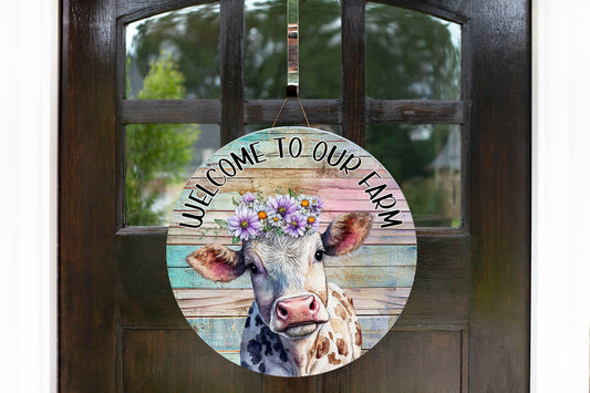 New Release Welcome to Our Farm Daisy Cow Sign, Farmhouse Round Wood Sign Farmhouse Door Hanger Wreath Sign