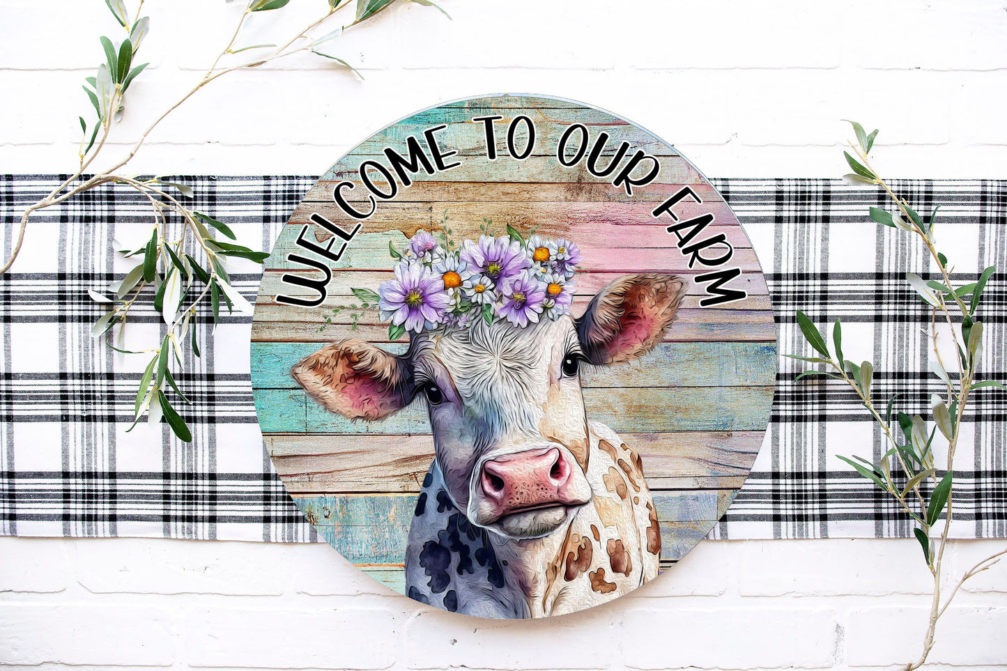 New Release Welcome to Our Farm Daisy Cow Sign, Farmhouse Round Wood Sign Farmhouse Door Hanger Wreath Sign