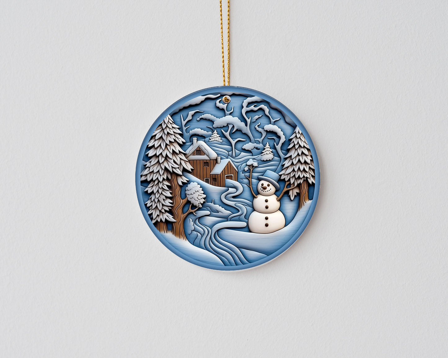 New Release Christmas Ornament, Blue and White Snowman and Cabin Ceramic Christmas Ornament