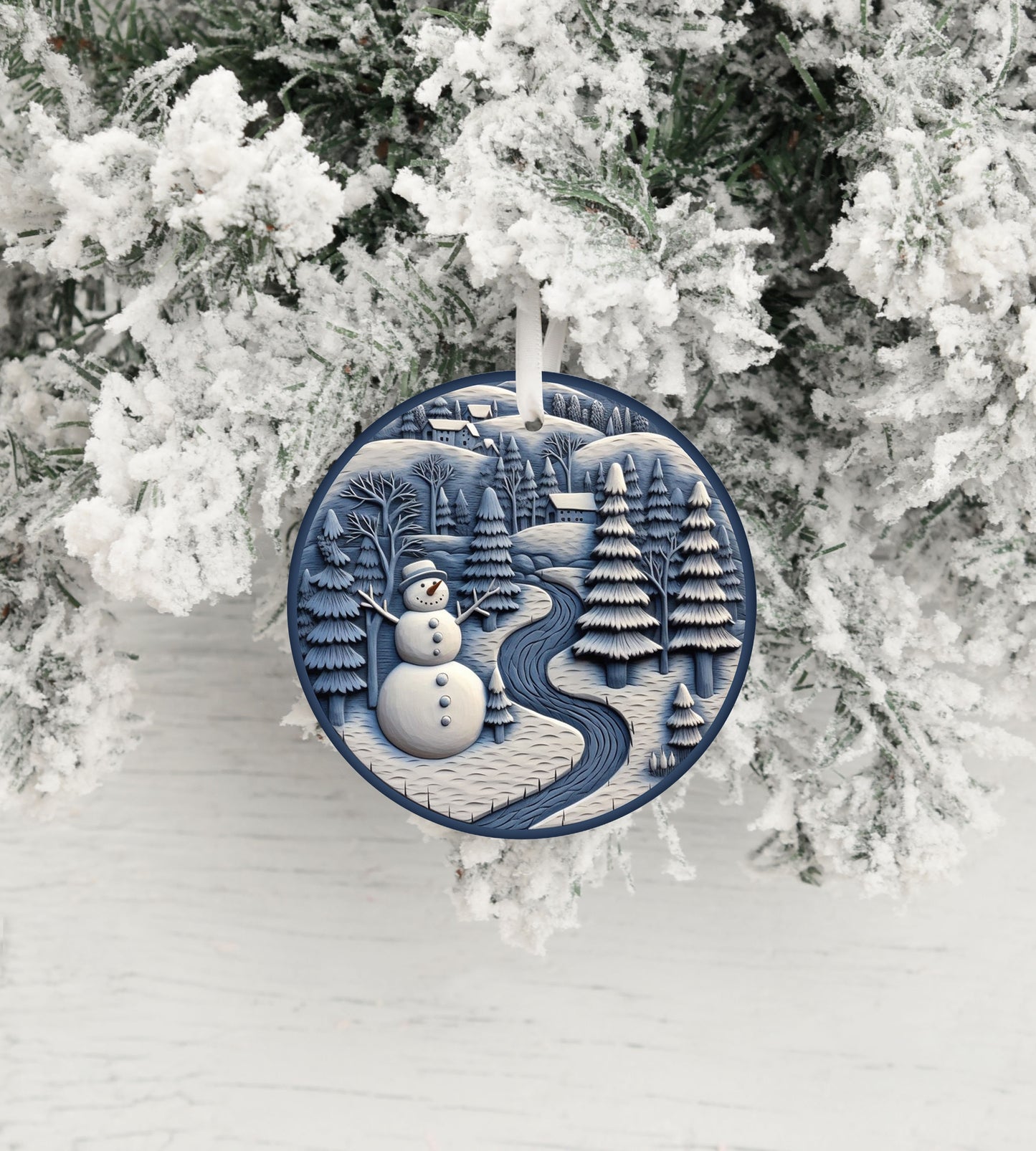 New Release Christmas Ornament, Blue and White Snowman Forest Ceramic Christmas Ornament