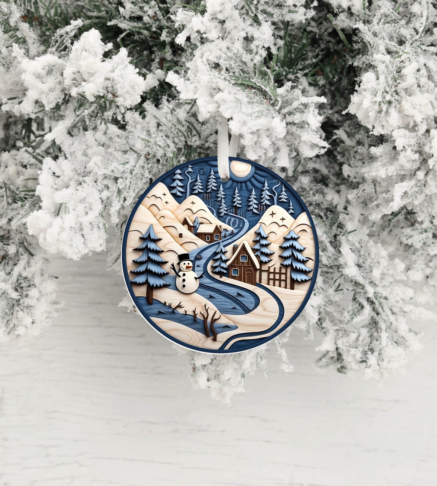 New Release Christmas Ornament, Blue and White Snowman Mountains Ceramic Christmas Ornament