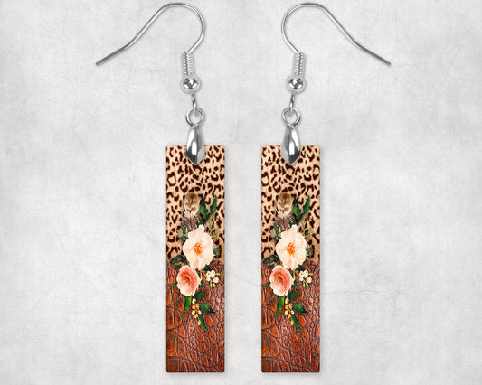 New Release Earrings, Leopard and Leather Print Rose Bar Dangle Printed Earrings Jewelry Handmade