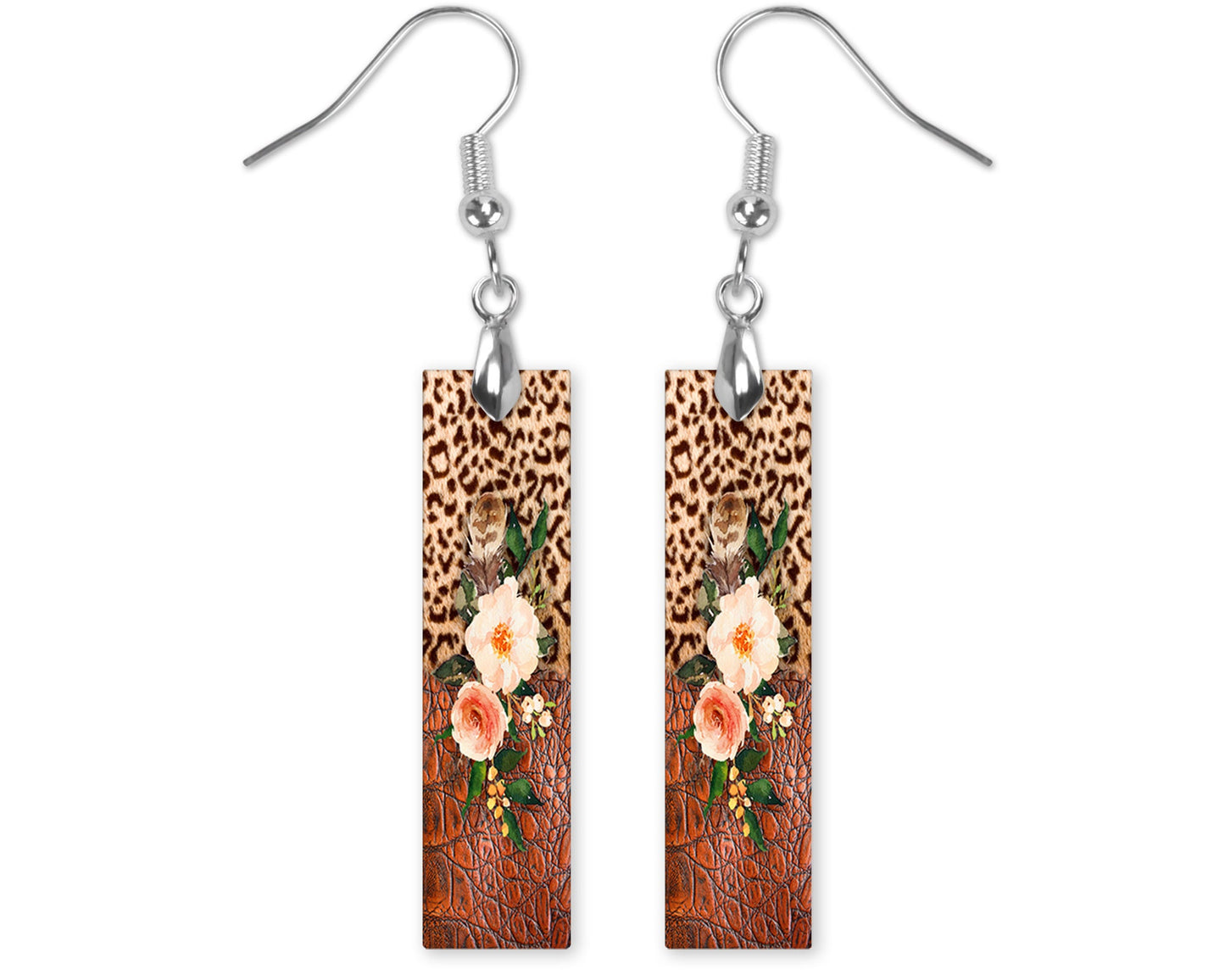 New Release Earrings, Leopard and Leather Print Rose Bar Dangle Printed Earrings Jewelry Handmade