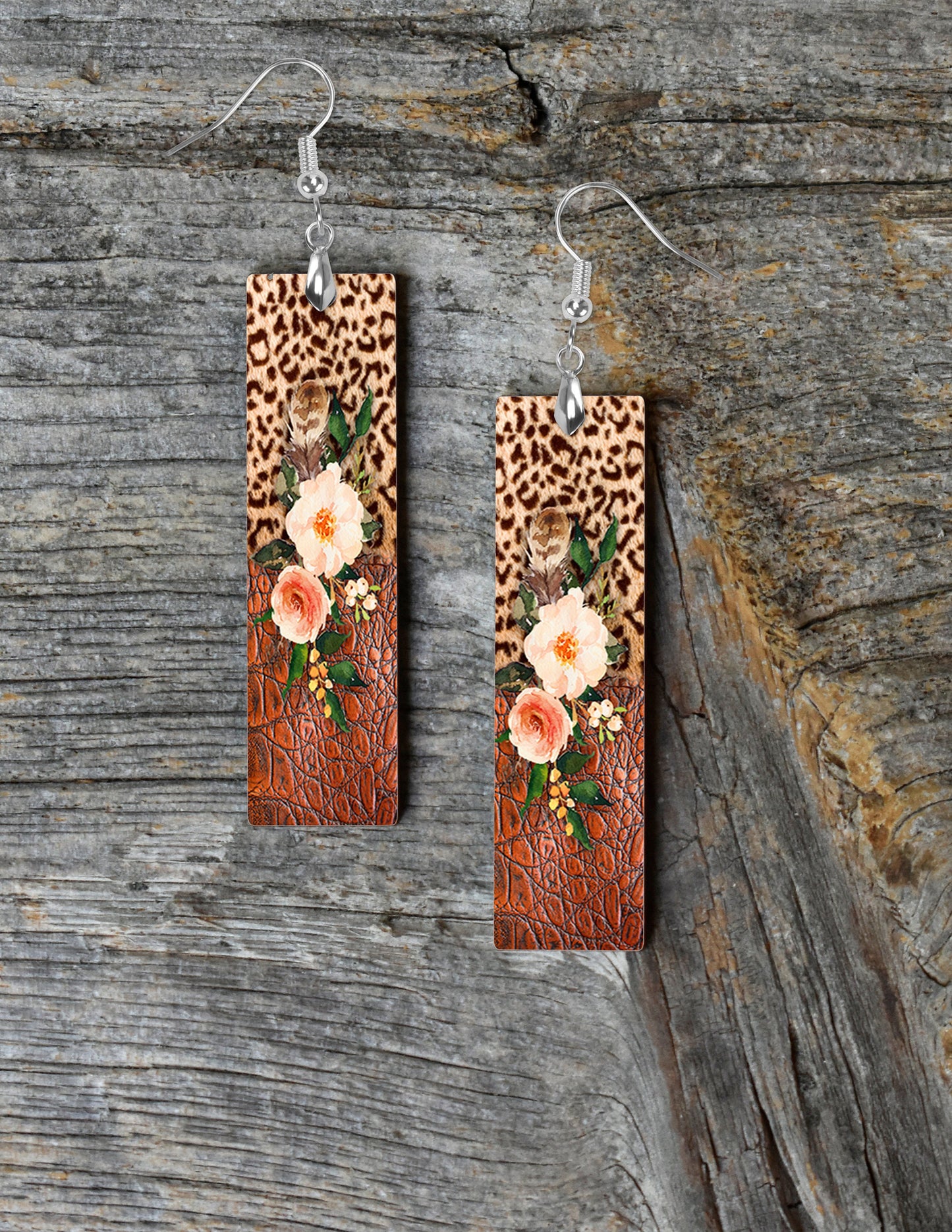 New Release Earrings, Leopard and Leather Print Rose Bar Dangle Printed Earrings Jewelry Handmade