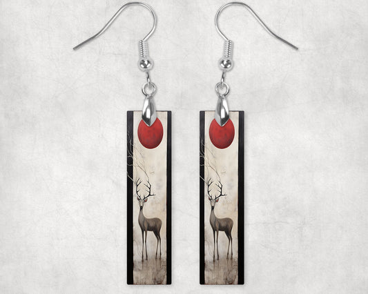 New Release Earrings, Deer and Red Moon Bar Dangle Printed Earrings Jewelry Handmade