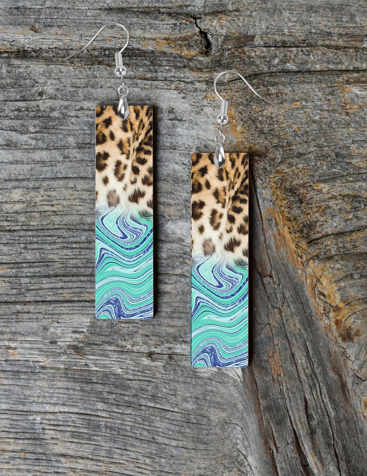 New Release Earrings, Leopard Print and Blue Swirl Bar Dangle Printed Earrings Jewelry Handmade