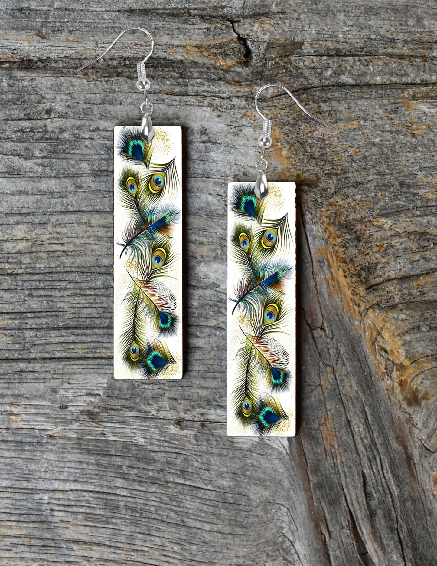 New Release Earrings, Peacock Feathers Bar Dangle Printed Earrings Jewelry Handmade