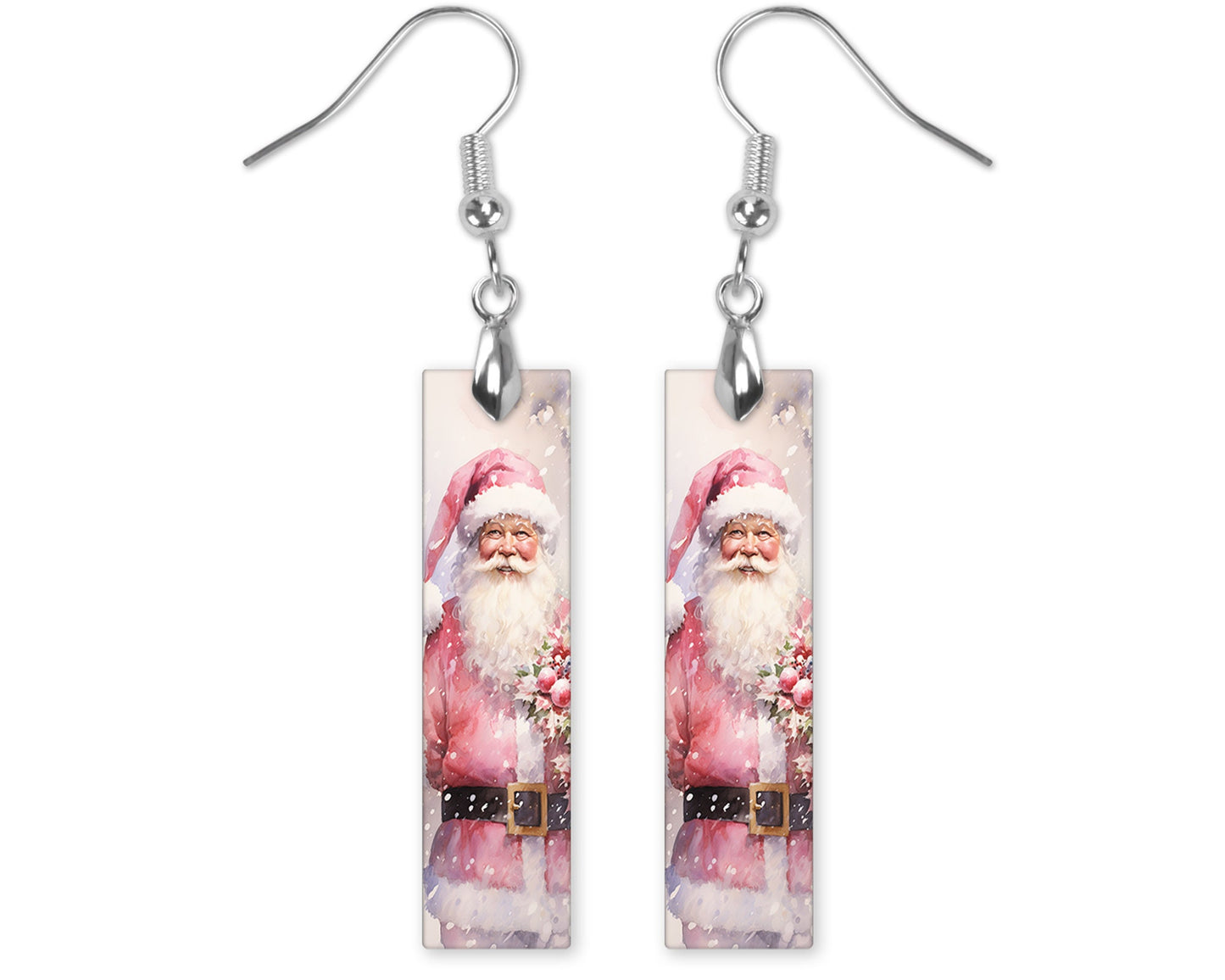 New Release Earrings, PInk Santa Christmas Bar Dangle Printed Earrings Jewelry Handmade