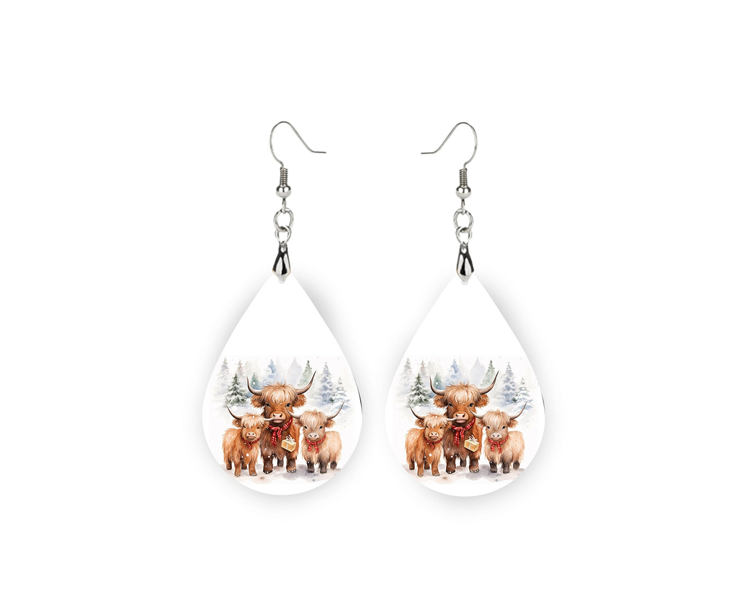 New Release Christmas Highland Cow Trio, Tear Drop Dangle Printed Earrings Jewelry Handmade