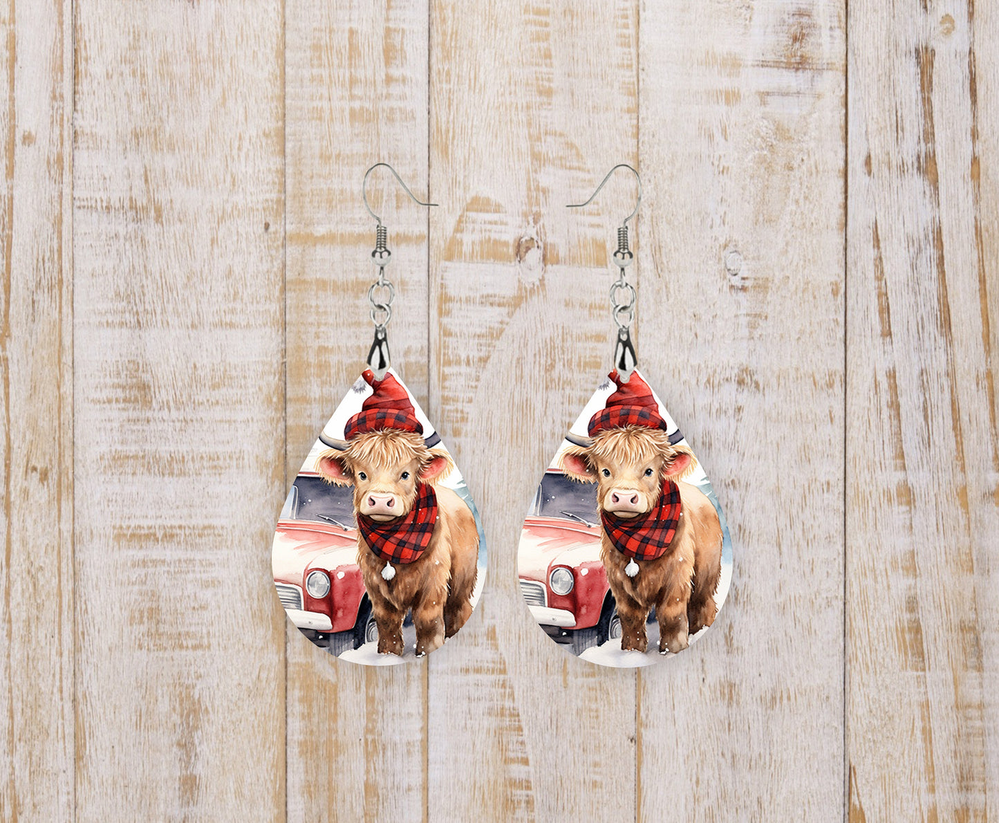 New Release Christmas Highland Cow, Tear Drop Dangle Printed Earrings Jewelry Handmade