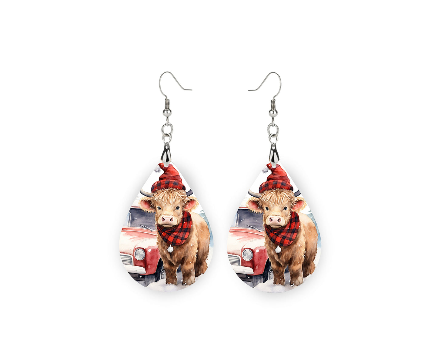 New Release Christmas Highland Cow, Tear Drop Dangle Printed Earrings Jewelry Handmade