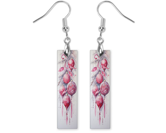 New Release Pink Ornaments Christmas Printed Wood Dangle Earrings Hypoallergenic Jewelry Handmade