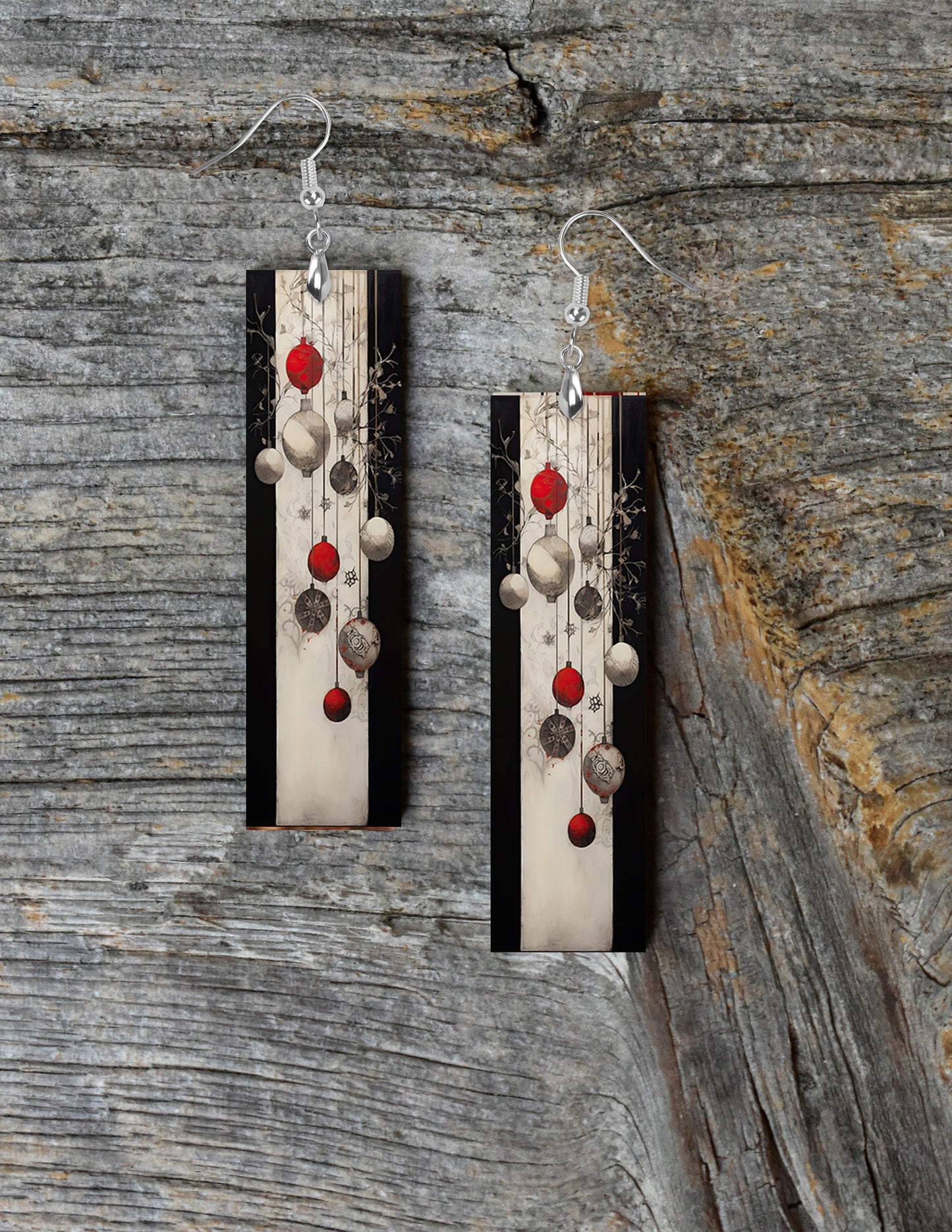 New Release Red White and Black Ornaments Christmas Printed Wood Dangle Earrings Hypoallergenic Jewelry Handmade