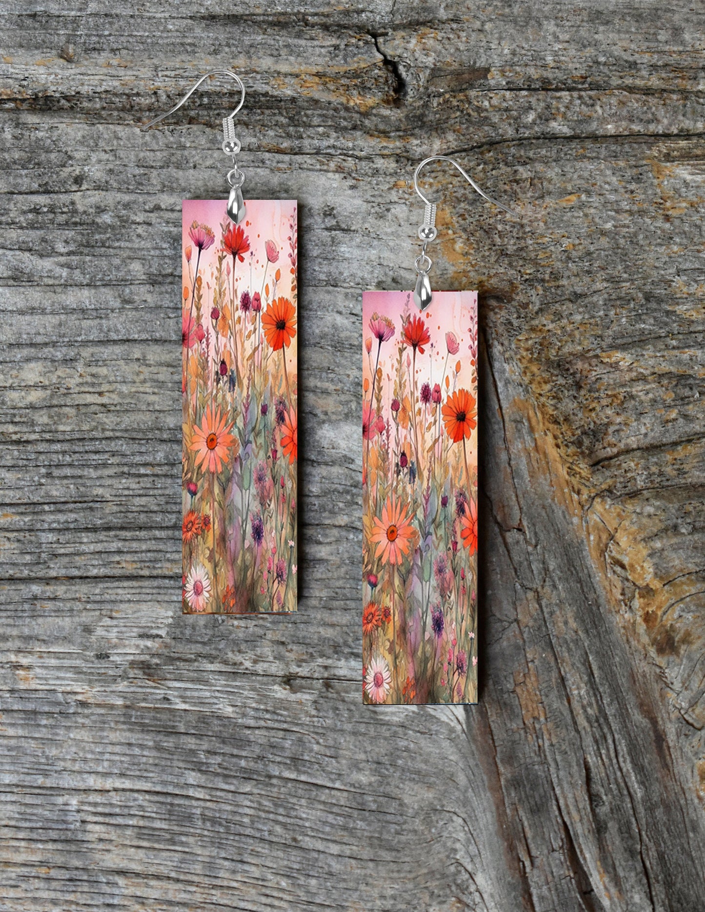 New Release Red Wildflowers Printed Wood Dangle Earrings Hypoallergenic Jewelry Handmade