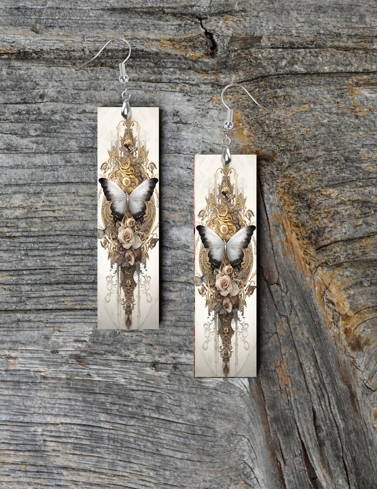 New Release Rococo Butterfly Printed Wood Dangle Earrings Hypoallergenic Jewelry Handmade