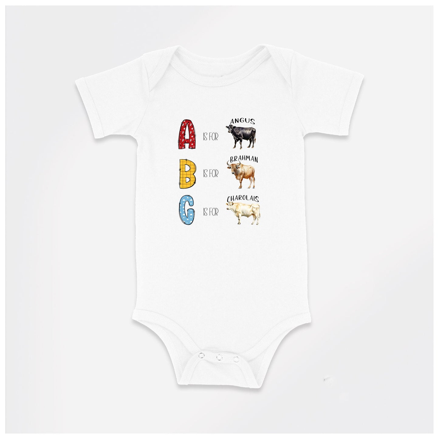 New Release, Baby Bodysuit, ABC Cows Romper, One Piece Baby Suit, Country Baby, Long or Short Sleeve, Unisex, 0-18 Months sizes